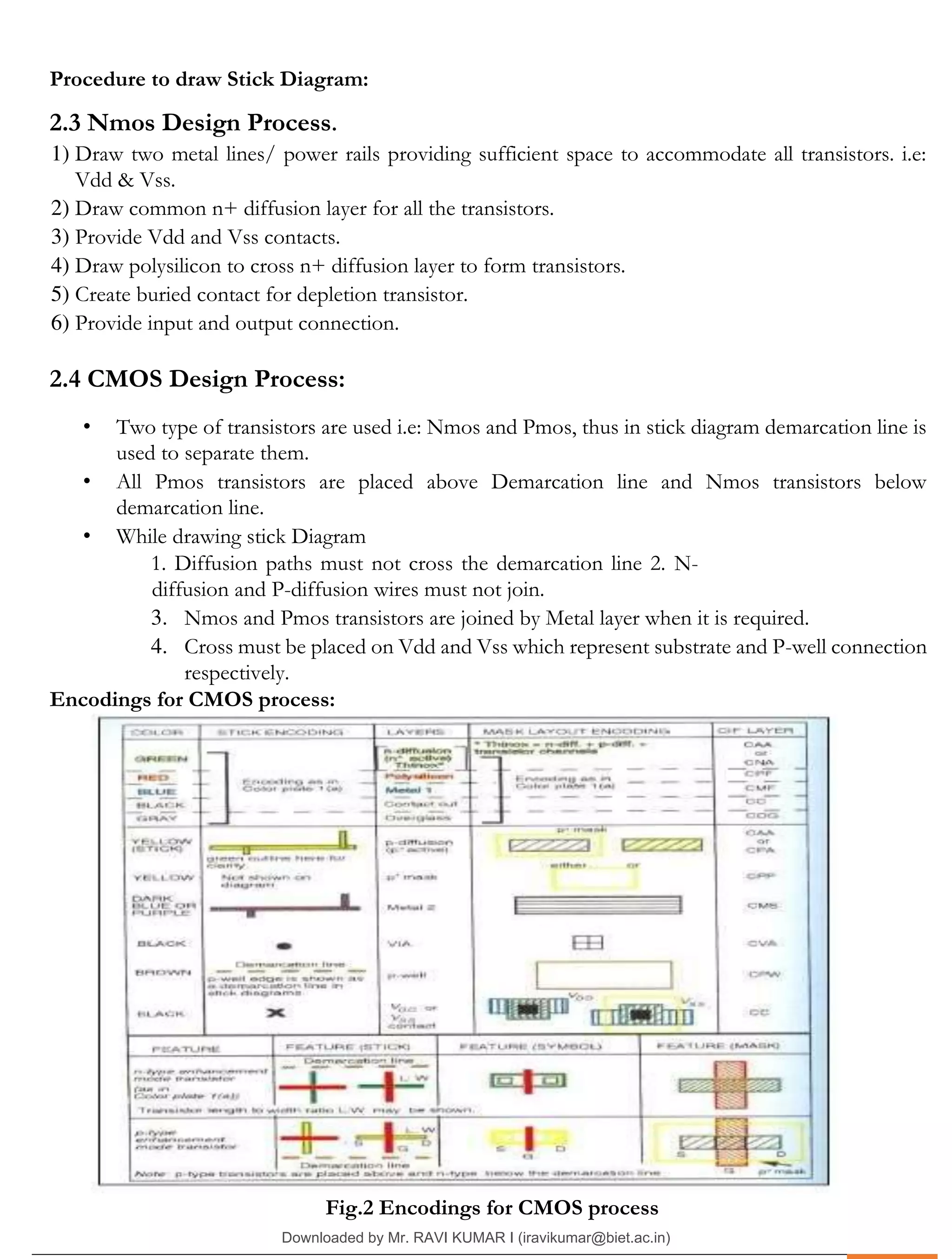 .
Procedure to draw Stick Diagram:
2.3 Nmos Design Process.
1) Draw two metal lines/ power rails providing sufficient space to accommodate all transistors. i.e:
Vdd & Vss.
2) Draw common n+ diffusion layer for all the transistors.
3) Provide Vdd and Vss contacts.
4) Draw polysilicon to cross n+ diffusion layer to form transistors.
5) Create buried contact for depletion transistor.
6) Provide input and output connection.
2.4 CMOS Design Process:
• Two type of transistors are used i.e: Nmos and Pmos, thus in stick diagram demarcation line is
used to separate them.
• All Pmos transistors are placed above Demarcation line and Nmos transistors below
demarcation line.
• While drawing stick Diagram
1. Diffusion paths must not cross the demarcation line 2. N-
diffusion and P-diffusion wires must not join.
3. Nmos and Pmos transistors are joined by Metal layer when it is required.
4. Cross must be placed on Vdd and Vss which represent substrate and P-well connection
respectively.
Encodings for CMOS process:
Fig.2 Encodings for CMOS process
Downloaded by Mr. RAVI KUMAR I (iravikumar@biet.ac.in)
lOMoARcPSD|3283145
 