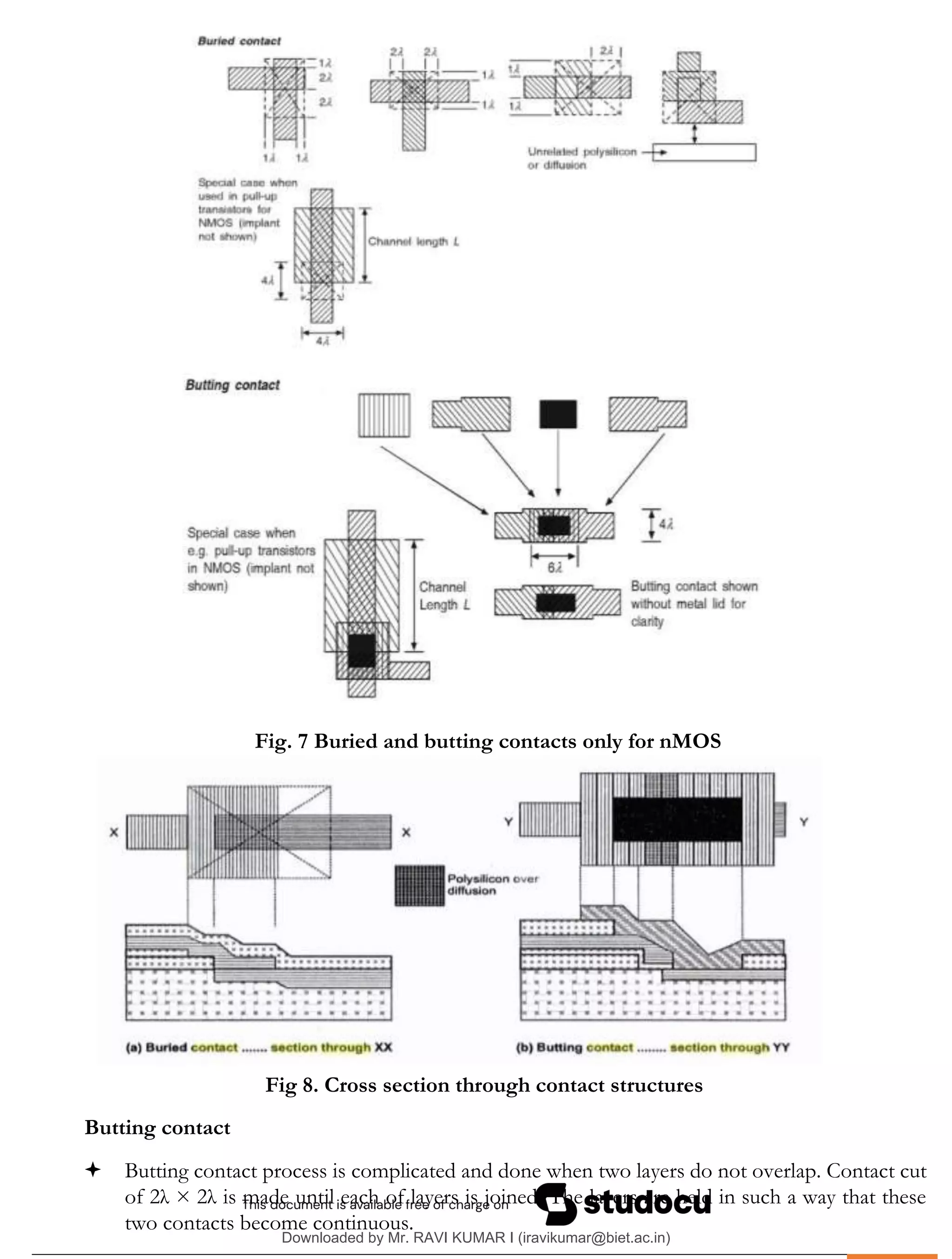.
Fig. 7 Buried and butting contacts only for nMOS
Fig 8. Cross section through contact structures
Butting contact
 Butting contact process is complicated and done when two layers do not overlap. Contact cut
of 2λ × 2λ is made until each of layers is joined. The layers are held in such a way that these
two contacts become continuous.
Downloaded by Mr. RAVI KUMAR I (iravikumar@biet.ac.in)
lOMoARcPSD|3283145
 