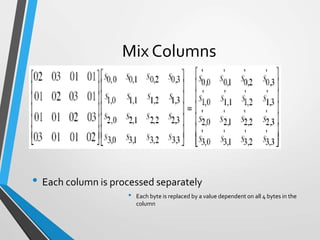 Mix Columns
• Each column is processed separately
• Each byte is replaced by a value dependent on all 4 bytes in the
column
 