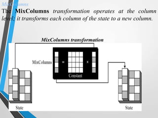 MixColumns
The MixColumns transformation operates at the column
level; it transforms each column of the state to a new column.
MixColumns transformation
 