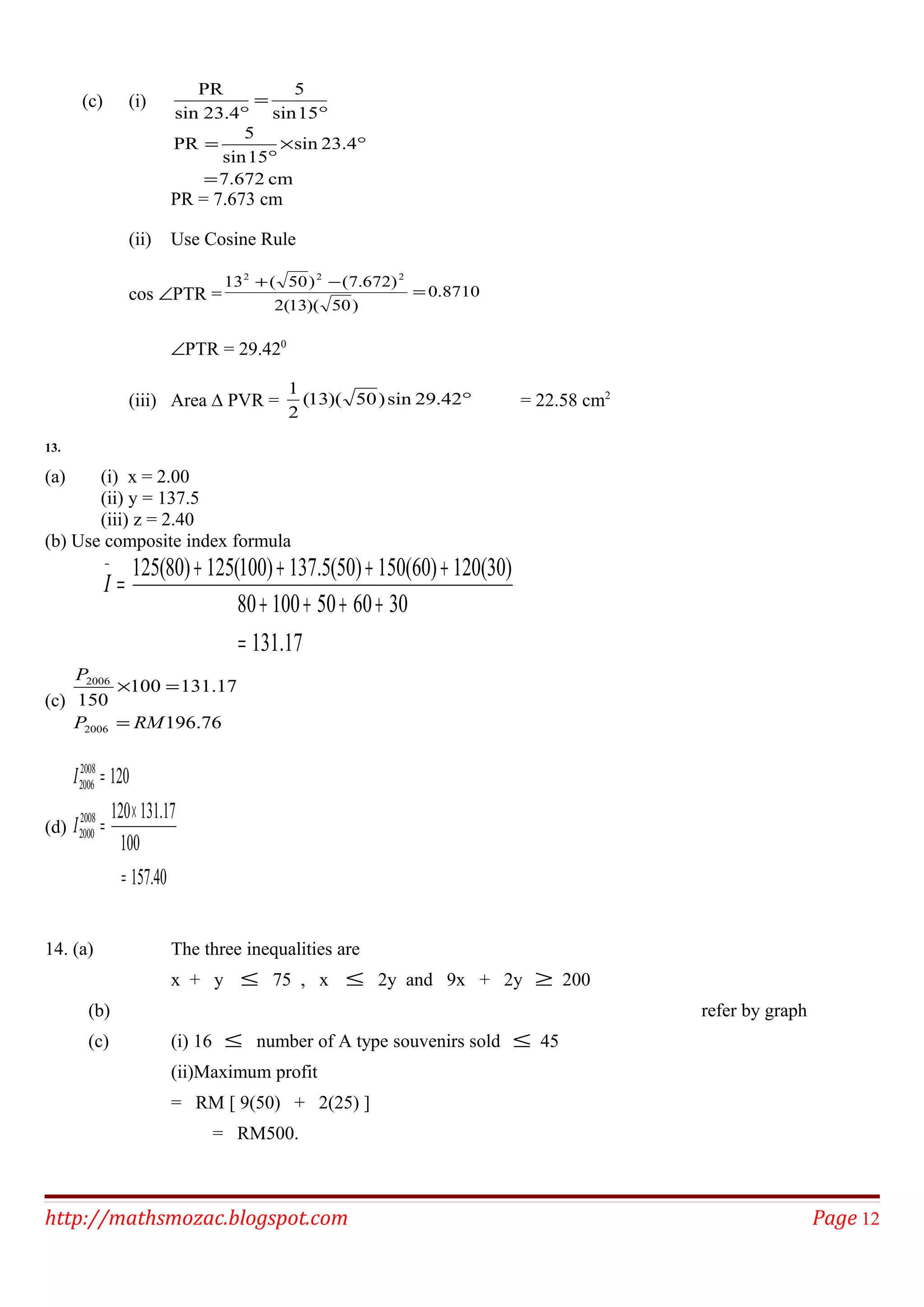 (c) (i)
°
=
° 15sin
5
23.4sin
PR
cm7.672
4.23sin
15sin
5
PR
=
°×
°
=
PR = 7.673 cm
(ii) Use Cosine Rule
cos ∠PTR = 8710.0
)50)(13(2
)672.7()50(13 222
=
−+
∠PTR = 29.420
(iii) Area ∆ PVR = °42.29sin)50)(13(
2
1
= 22.58 cm2
13.
(a) (i) x = 2.00
(ii) y = 137.5
(iii) z = 2.40
(b) Use composite index formula
17.131
30605010080
)30(120)60(150)50(5.137)100(125)80(125
=
++++
++++
=
−
I
(c)
76.196
17.131100
150
2006
2006
RMP
P
=
=×
(d)
40.157
100
17.131120
120
2008
2000
2008
2006
=
×
=
=
I
I
14. (a) The three inequalities are
x + y ≤ 75 , x ≤ 2y and 9x + 2y ≥ 200
(b) refer by graph
(c) (i) 16 ≤ number of A type souvenirs sold ≤ 45
(ii)Maximum profit
= RM [ 9(50) + 2(25) ]
= RM500.
http://mathsmozac.blogspot.com Page 12
 