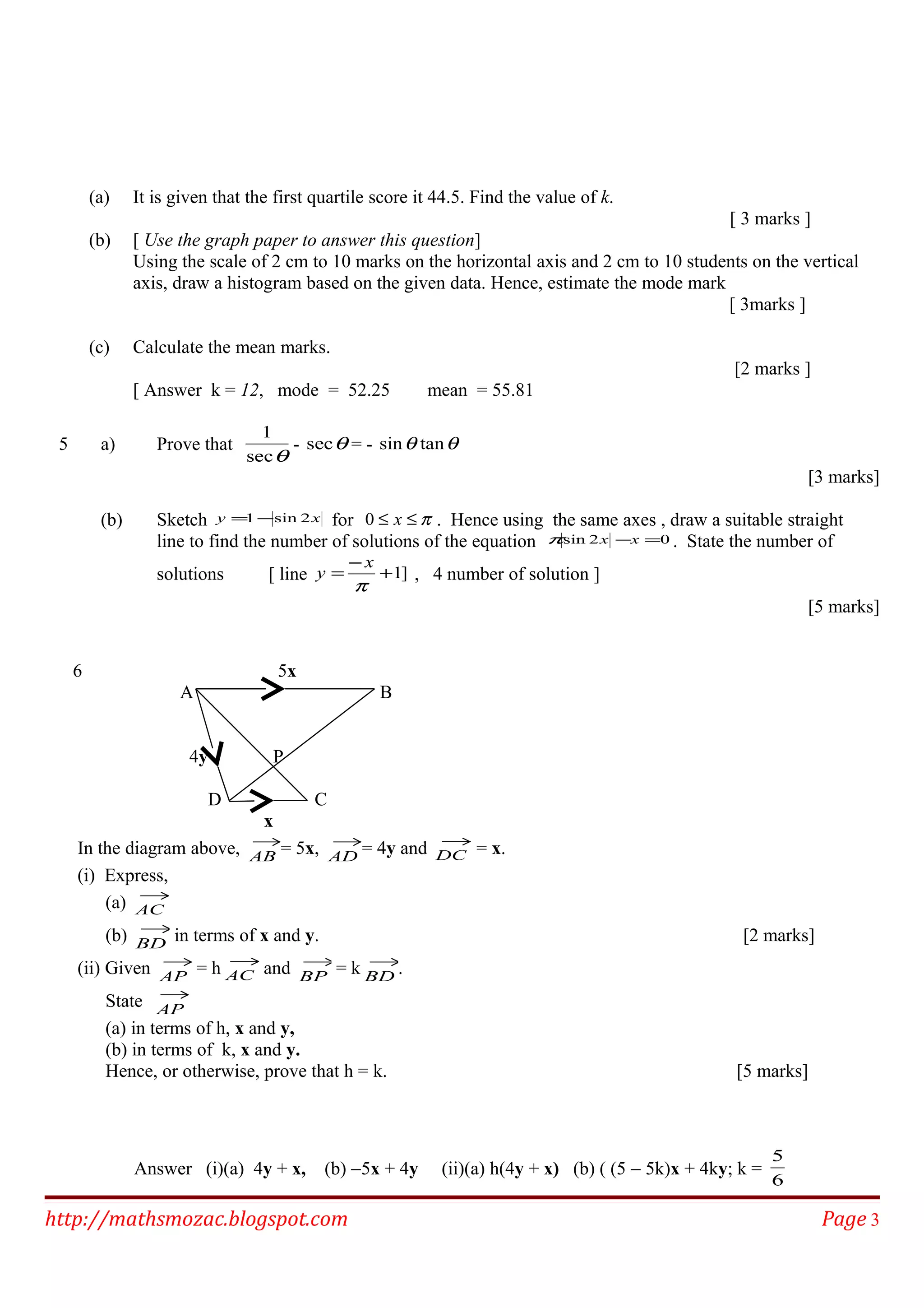 (a) It is given that the first quartile score it 44.5. Find the value of k.
[ 3 marks ]
(b) [ Use the graph paper to answer this question]
Using the scale of 2 cm to 10 marks on the horizontal axis and 2 cm to 10 students on the vertical
axis, draw a histogram based on the given data. Hence, estimate the mode mark
[ 3marks ]
(c) Calculate the mean marks.
[2 marks ]
[ Answer k = 12, mode = 52.25 mean = 55.81
5 a) Prove that
θsec
1
- θsec = - θθ tansin
[3 marks]
(b) Sketch xy 2sin1 −= for π≤≤ x0 . Hence using the same axes , draw a suitable straight
line to find the number of solutions of the equation 02sin =−xxπ . State the number of
solutions [ line ]1+
−
=
π
x
y , 4 number of solution ]
[5 marks]
6 5x
A B
4y P
D C
x
In the diagram above, →
AB = 5x, →
AD = 4y and →
DC = x.
(i) Express,
(a) →
AC
(b) →
BD in terms of x and y. [2 marks]
(ii) Given →
AP = h →
AC and →
BP = k →
BD .
State →
AP
(a) in terms of h, x and y,
(b) in terms of k, x and y.
Hence, or otherwise, prove that h = k. [5 marks]
Answer (i)(a) 4y + x, (b) −5x + 4y (ii)(a) h(4y + x) (b) ( (5 − 5k)x + 4ky; k =
6
5
http://mathsmozac.blogspot.com Page 3
 