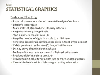 Step3
STATISTICAL GRAPHICS
Scales and Scrolling
• Place ticks to marks scales on the outside edge of each axis
• Employ a linear scale
• Mark scales at standard or customary intervals
• Keep relatively square grid cells
• Start a numeric scale at zero (0)
• Keep the number of digits in a scale to a minimum
• For scales containing decimals, place zeros in front of the decimal
• If data points are on the zero (0) line, offset the scale
• Display only a single scale on each axis
• For large data matrices, consider displaying duplicate axes
• Provide aids for scale interpretation
• Provide scaling consistency across two or more related graphics
• Clearly label each axis in a left-to-right reading orientation
 