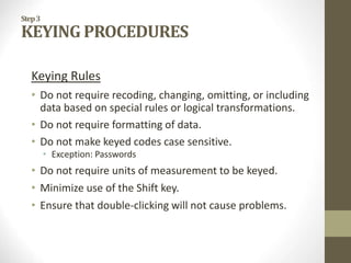 Step3
KEYING PROCEDURES
Keying Rules
• Do not require recoding, changing, omitting, or including
data based on special rules or logical transformations.
• Do not require formatting of data.
• Do not make keyed codes case sensitive.
• Exception: Passwords
• Do not require units of measurement to be keyed.
• Minimize use of the Shift key.
• Ensure that double-clicking will not cause problems.
 