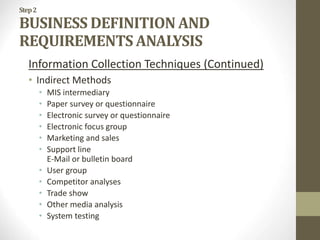 Step2
BUSINESS DEFINITION AND
REQUIREMENTS ANALYSIS
Information Collection Techniques (Continued)
• Indirect Methods
• MIS intermediary
• Paper survey or questionnaire
• Electronic survey or questionnaire
• Electronic focus group
• Marketing and sales
• Support line
E-Mail or bulletin board
• User group
• Competitor analyses
• Trade show
• Other media analysis
• System testing
 