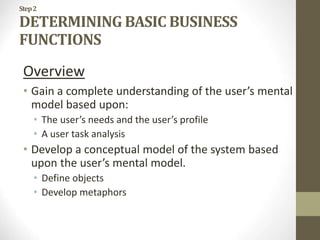 Step2
DETERMINING BASIC BUSINESS
FUNCTIONS
Overview
• Gain a complete understanding of the user’s mental
model based upon:
• The user’s needs and the user’s profile
• A user task analysis
• Develop a conceptual model of the system based
upon the user’s mental model.
• Define objects
• Develop metaphors
 