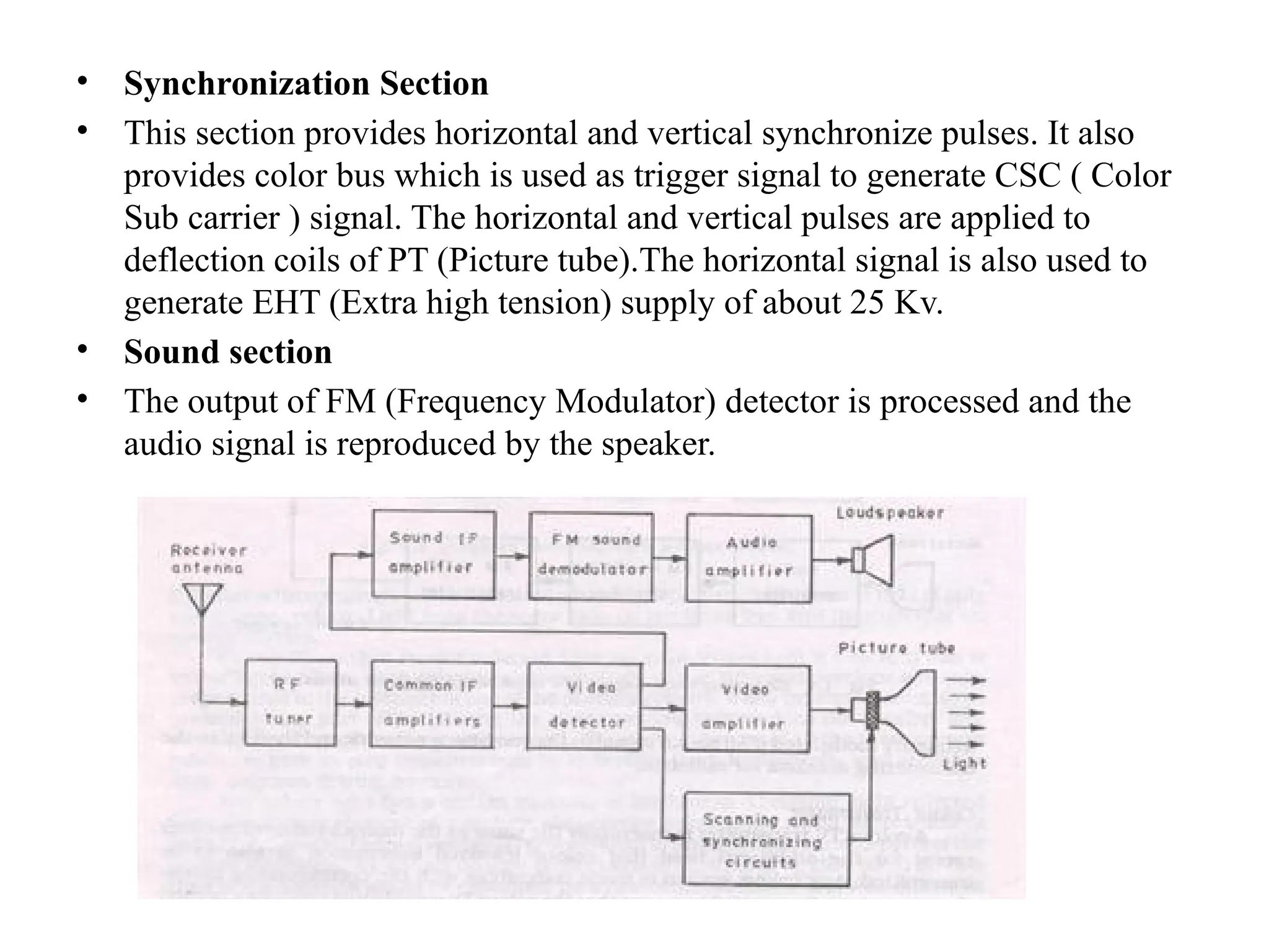 • Synchronization Section
• This section provides horizontal and vertical synchronize pulses. It also
provides color bus which is used as trigger signal to generate CSC ( Color
Sub carrier ) signal. The horizontal and vertical pulses are applied to
deflection coils of PT (Picture tube).The horizontal signal is also used to
generate EHT (Extra high tension) supply of about 25 Kv.
• Sound section
• The output of FM (Frequency Modulator) detector is processed and the
audio signal is reproduced by the speaker.
 