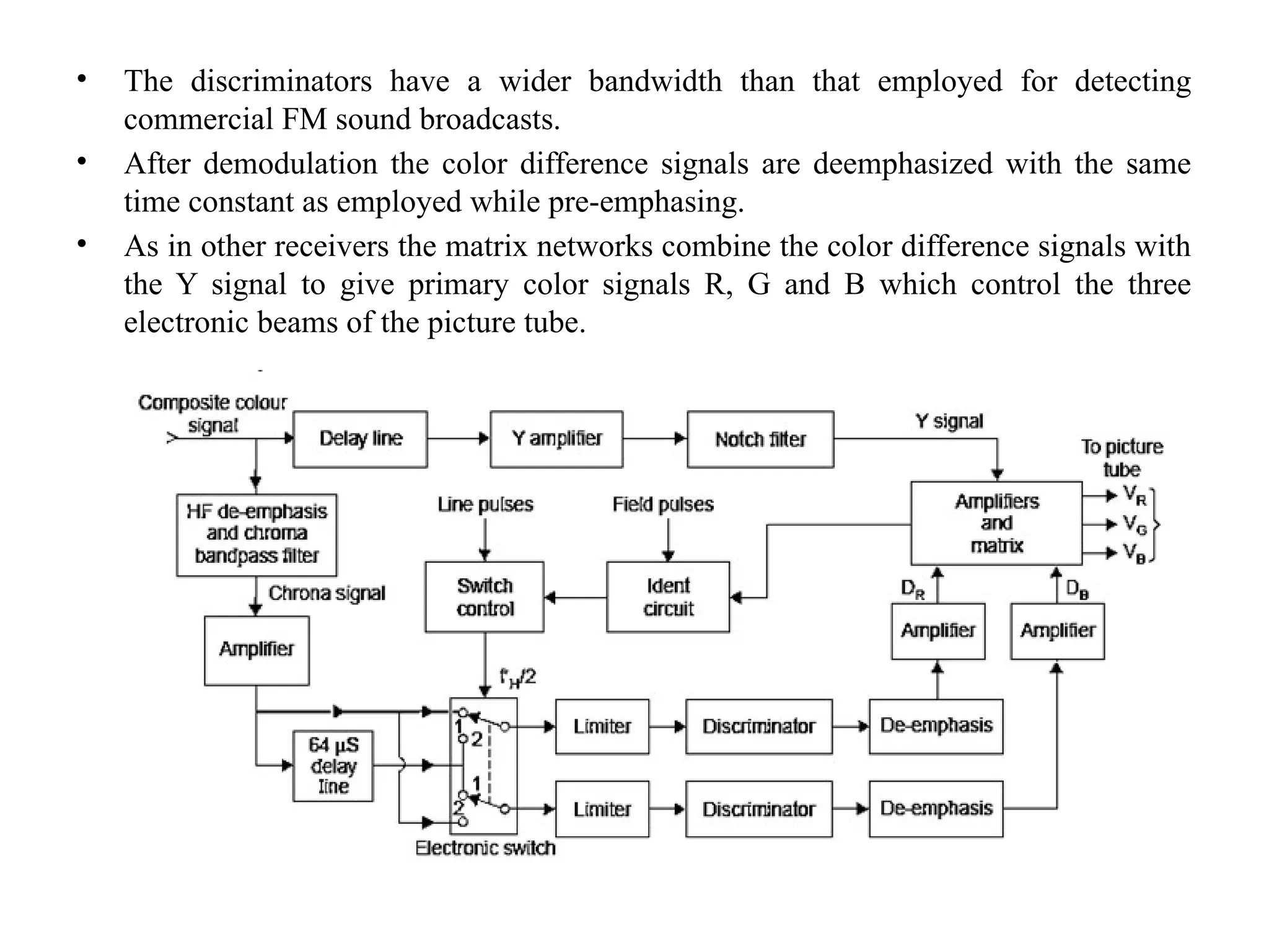 • The discriminators have a wider bandwidth than that employed for detecting
commercial FM sound broadcasts.
• After demodulation the color difference signals are deemphasized with the same
time constant as employed while pre-emphasing.
• As in other receivers the matrix networks combine the color difference signals with
the Y signal to give primary color signals R, G and B which control the three
electronic beams of the picture tube.
 