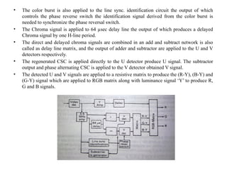 • The color burst is also applied to the line sync. identification circuit the output of which
controls the phase reverse switch the identification signal derived from the color burst is
needed to synchronize the phase reversal switch.
• The Chroma signal is applied to 64 µsec delay line the output of which produces a delayed
Chroma signal by one H-line period.
• The direct and delayed chroma signals are combined in an add and subtract network is also
called as delay line matrix, and the output of adder and subtractor are applied to the U and V
detectors respectively.
• The regenerated CSC is applied directly to the U detector produce U signal. The subtractor
output and phase alternating CSC is applied to the V detector obtained V signal.
• The detected U and V signals are applied to a resistive matrix to produce the (R-Y), (B-Y) and
(G-Y) signal which are applied to RGB matrix along with luminance signal ‘Y’ to produce R,
G and B signals.
 