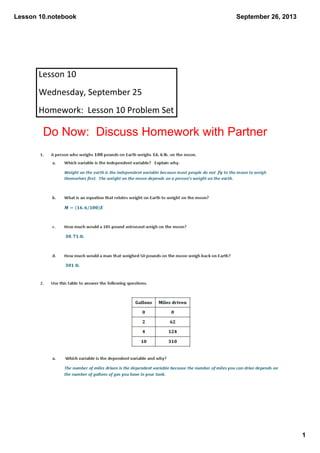Lesson 10.notebook
1
September 26, 2013
Lesson 10
Wednesday, September 25
Homework:  Lesson 10 Problem Set
Do Now:  Discuss Homework with Partner
 