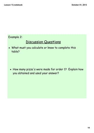 Lesson 13.notebook
14
October 01, 2013
Discussion Questions
Example 2:
• What must you calculate or know to complete this
table?
• How many pizza's were made for order 1? Explain how
you obtained and used your answer?
 