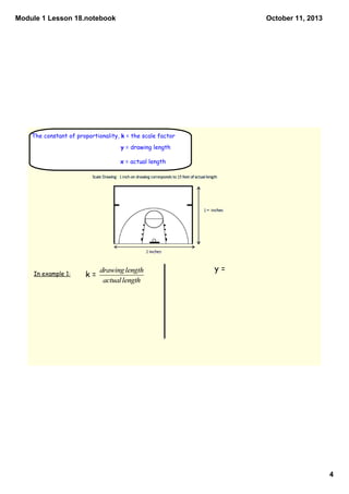 Module 1 Lesson 18.notebook
4
October 11, 2013
The constant of proportionality, k = the scale factor
y = drawing length
x = actual length
In example 1: k =
y =
 