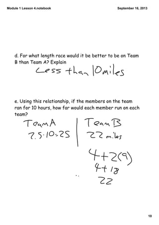 Module 1 Lesson 4.notebook
10
September 16, 2013
d. For what length race would it be better to be on Team
B than Team A? Explain
e. Using this relationship, if the members on the team
ran for 10 hours, how far would each member run on each
team?
 