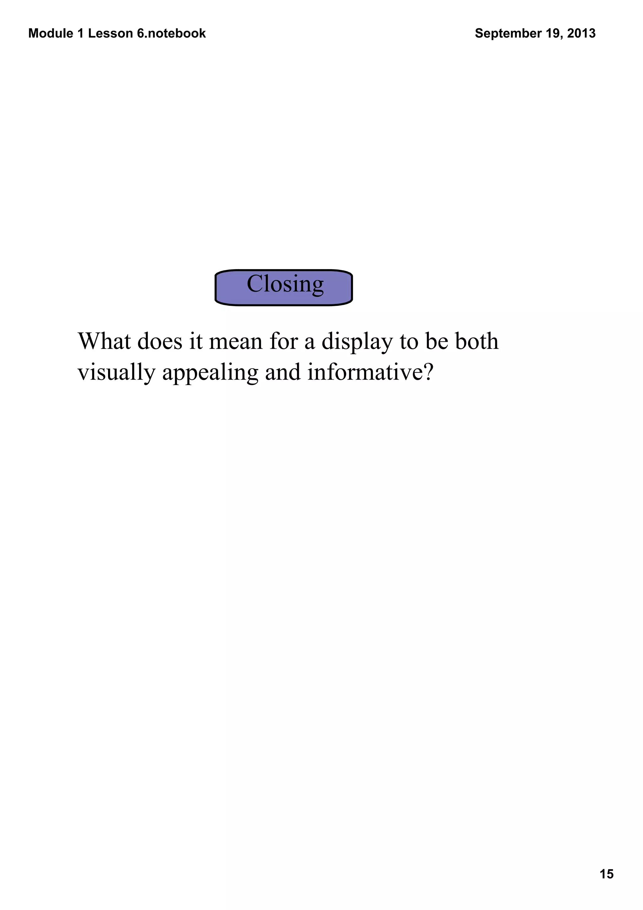 Module 1 Lesson 6.notebook
15
September 19, 2013
What does it mean for a display to be both 
visually appealing and informative?
Closing
 