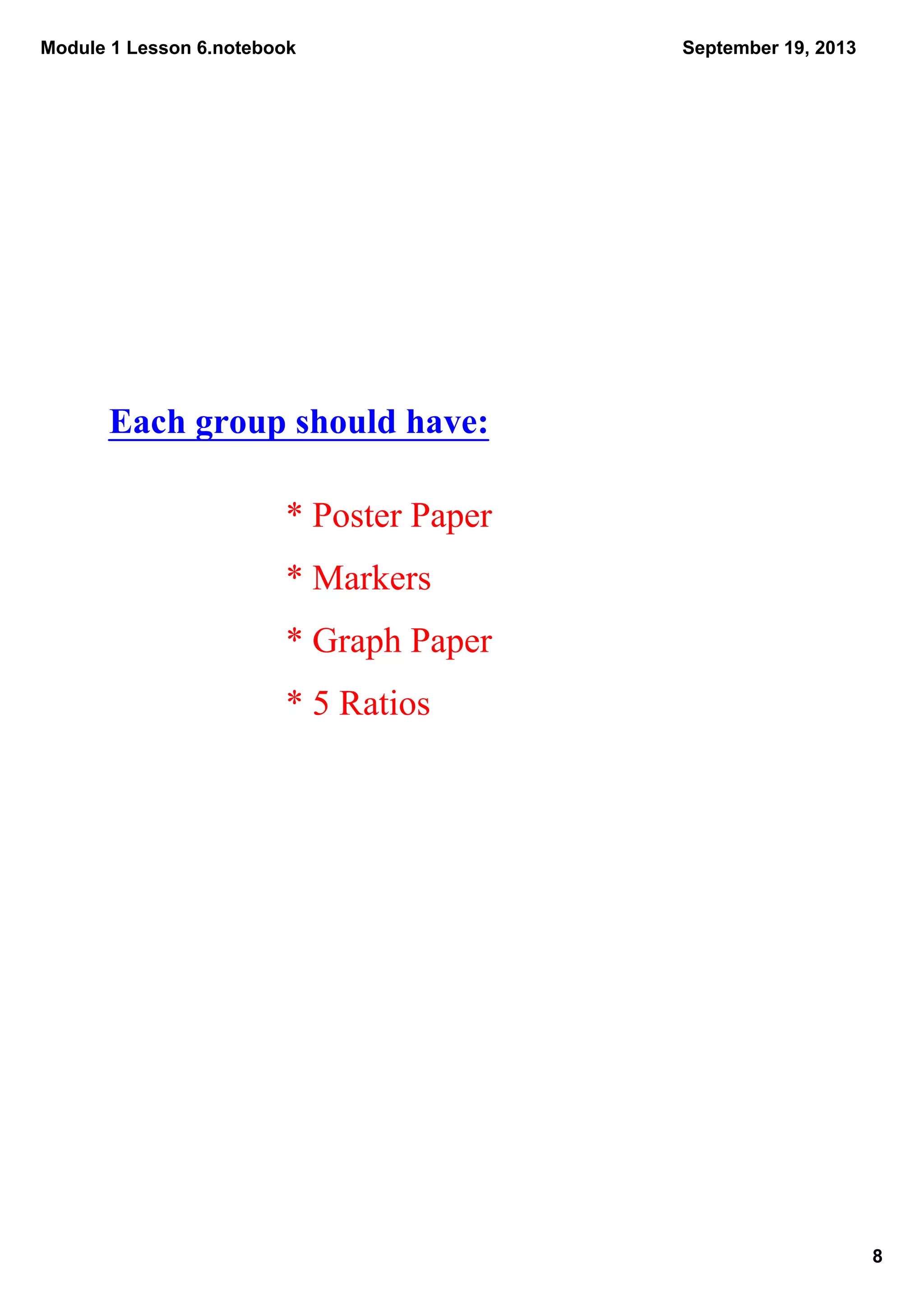 Module 1 Lesson 6.notebook
8
September 19, 2013
Each group should have:
* Poster Paper
* Markers
* Graph Paper
* 5 Ratios
 