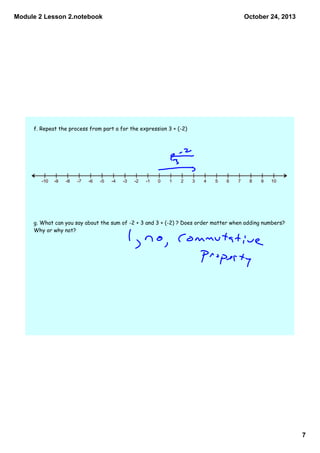 Module 2 Lesson 2.notebook

October 24, 2013

f. Repeat the process from part a for the expression 3 + (-2)

g. What can you say about the sum of -2 + 3 and 3 + (-2) ? Does order matter when adding numbers?
Why or why not?

7

 