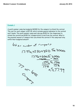 Module 3 Lesson 14.notebook

January 30, 2014

Example 1

A youth summer camp has budgeted $2000 for the campers to attend...