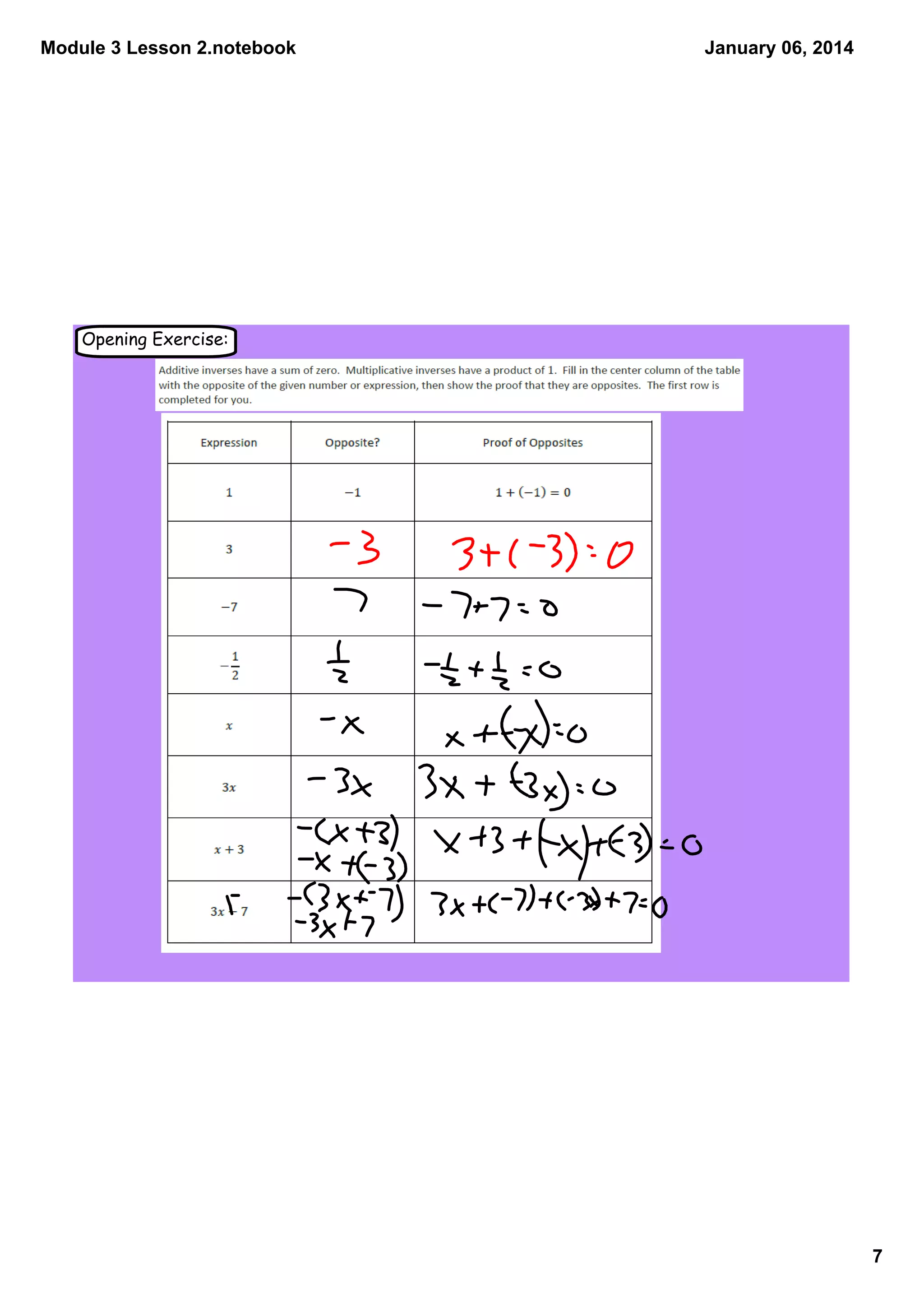 Module 3 Lesson 2.notebook

January 06, 2014

Opening Exercise:

7

 