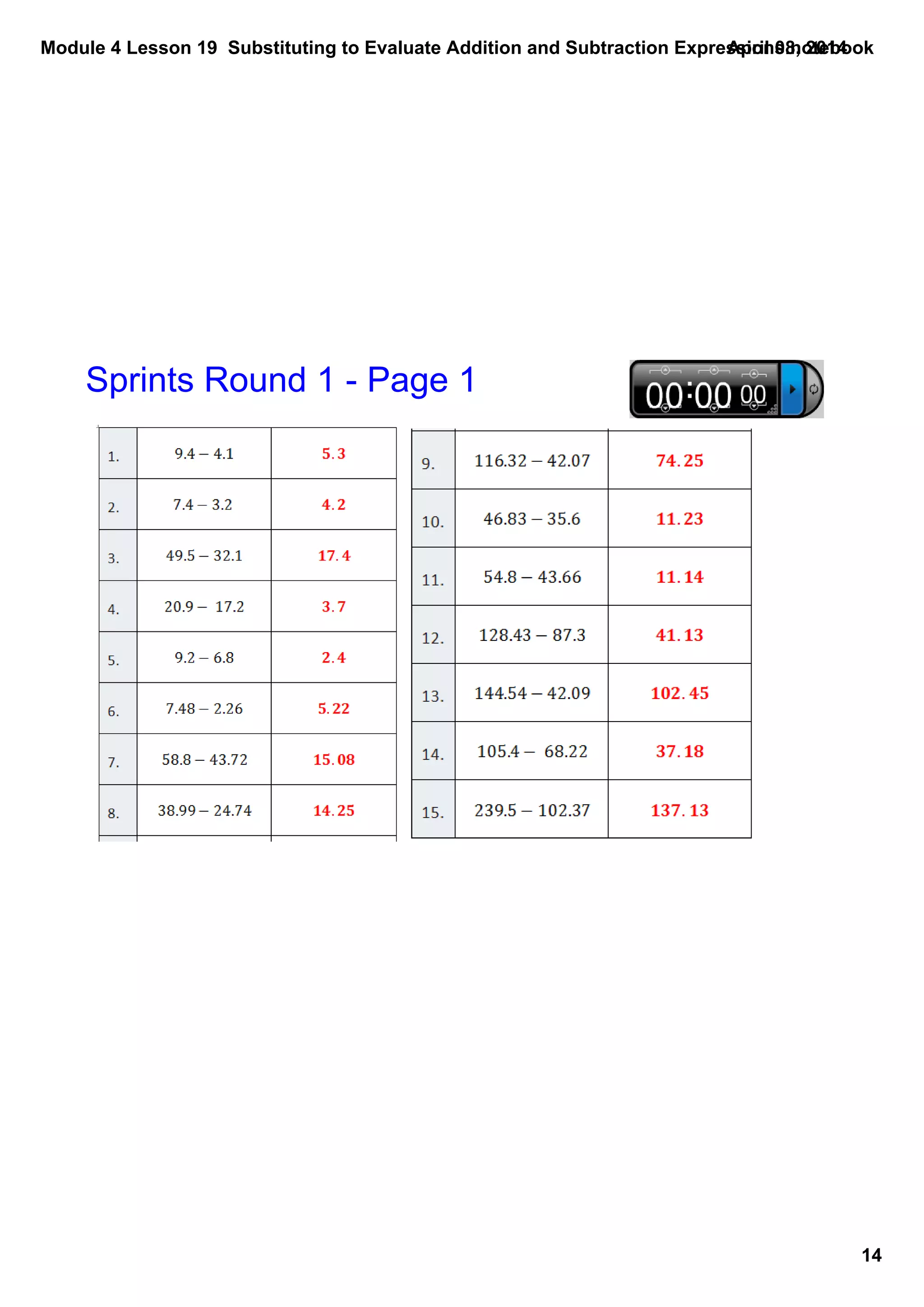 Module 4 Lesson 19  Substituting to Evaluate Addition and Subtraction Expressions.notebook
14
April 08, 2014
Sprints Round 1 ­ Page 1
 