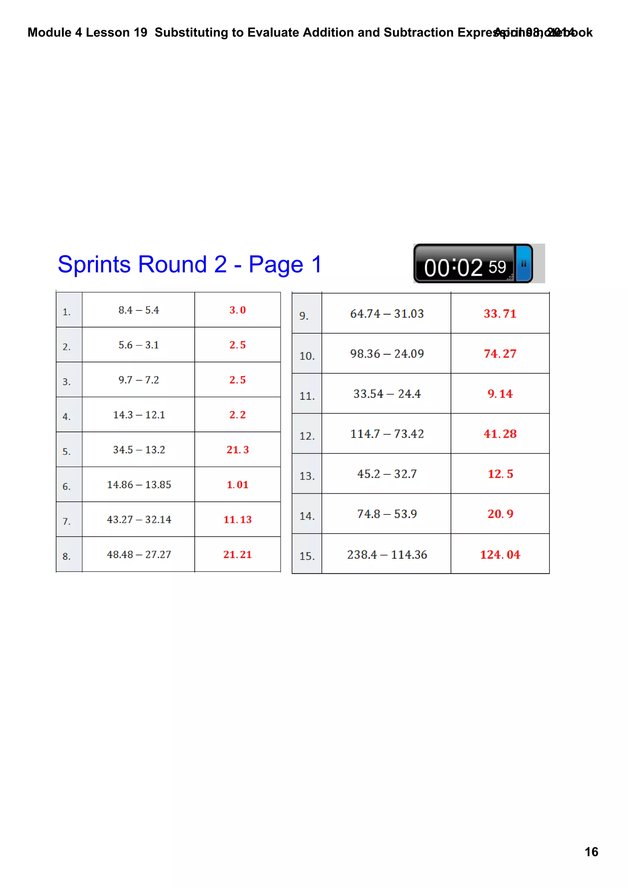 Module 4 Lesson 19  Substituting to Evaluate Addition and Subtraction Expressions.notebook
16
April 08, 2014
Sprints Round 2 ­ Page 1
 