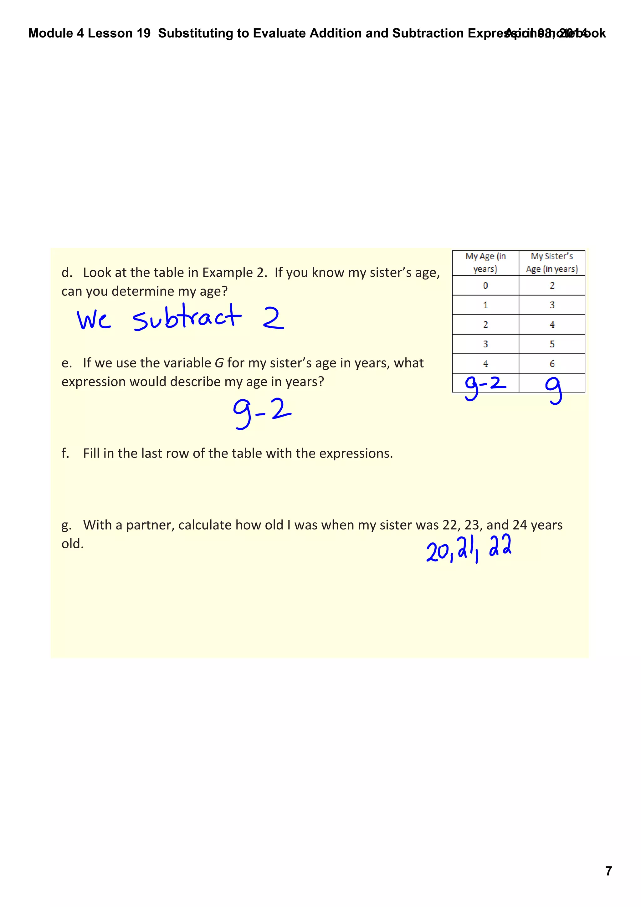 Module 4 Lesson 19  Substituting to Evaluate Addition and Subtraction Expressions.notebook
7
April 08, 2014
d. Look at the table in Example 2.  If you know my sister’s age, 
can you determine my age?
e. If we use the variable G for my sister’s age in years, what 
expression would describe my age in years?
f. Fill in the last row of the table with the expressions.  
g. With a partner, calculate how old I was when my sister was 22, 23, and 24 years 
old.
 