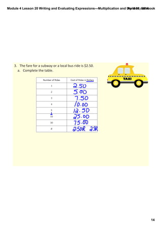 Module 4 Lesson 20 Writing and Evaluating Expressions—Multiplication and Division.notebook
14
April 09, 2014
3. The fare for a subway or a local bus ride is $2.50.
a. Complete the table.
 