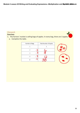 Module 4 Lesson 20 Writing and Evaluating Expressions—Multiplication and Division.notebook
8
April 09, 2014
Classwork 
Exercises
1. The farmers’ market is selling bags of apples. In every bag, there are 3 apples.  
a. Complete the table.
 