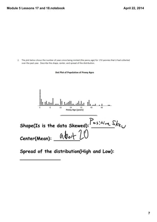 Module 5 Lessons 17 and 18.notebook
7
April 22, 2014
Shape(Is is the data Skewed): ________
Center(Mean): _________
Spread of the distribution(High and Low):
______________
 