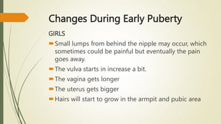 Changes During Early Puberty
GIRLS
Small lumps from behind the nipple may occur, which
sometimes could be painful but eventually the pain
goes away.
The vulva starts in increase a bit.
The vagina gets longer
The uterus gets bigger
Hairs will start to grow in the armpit and pubic area
 