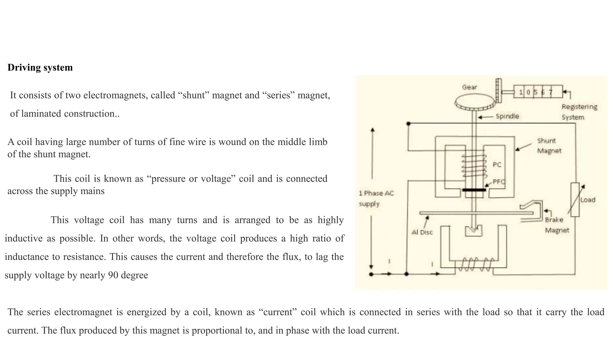 Driving system
It consists of two electromagnets, called “shunt” magnet and “series” magnet,
of laminated construction..
A coil having large number of turns of fine wire is wound on the middle limb
of the shunt magnet.
This coil is known as “pressure or voltage” coil and is connected
across the supply mains
This voltage coil has many turns and is arranged to be as highly
inductive as possible. In other words, the voltage coil produces a high ratio of
inductance to resistance. This causes the current and therefore the flux, to lag the
supply voltage by nearly 90 degree
The series electromagnet is energized by a coil, known as “current” coil which is connected in series with the load so that it carry the load
current. The flux produced by this magnet is proportional to, and in phase with the load current.
 