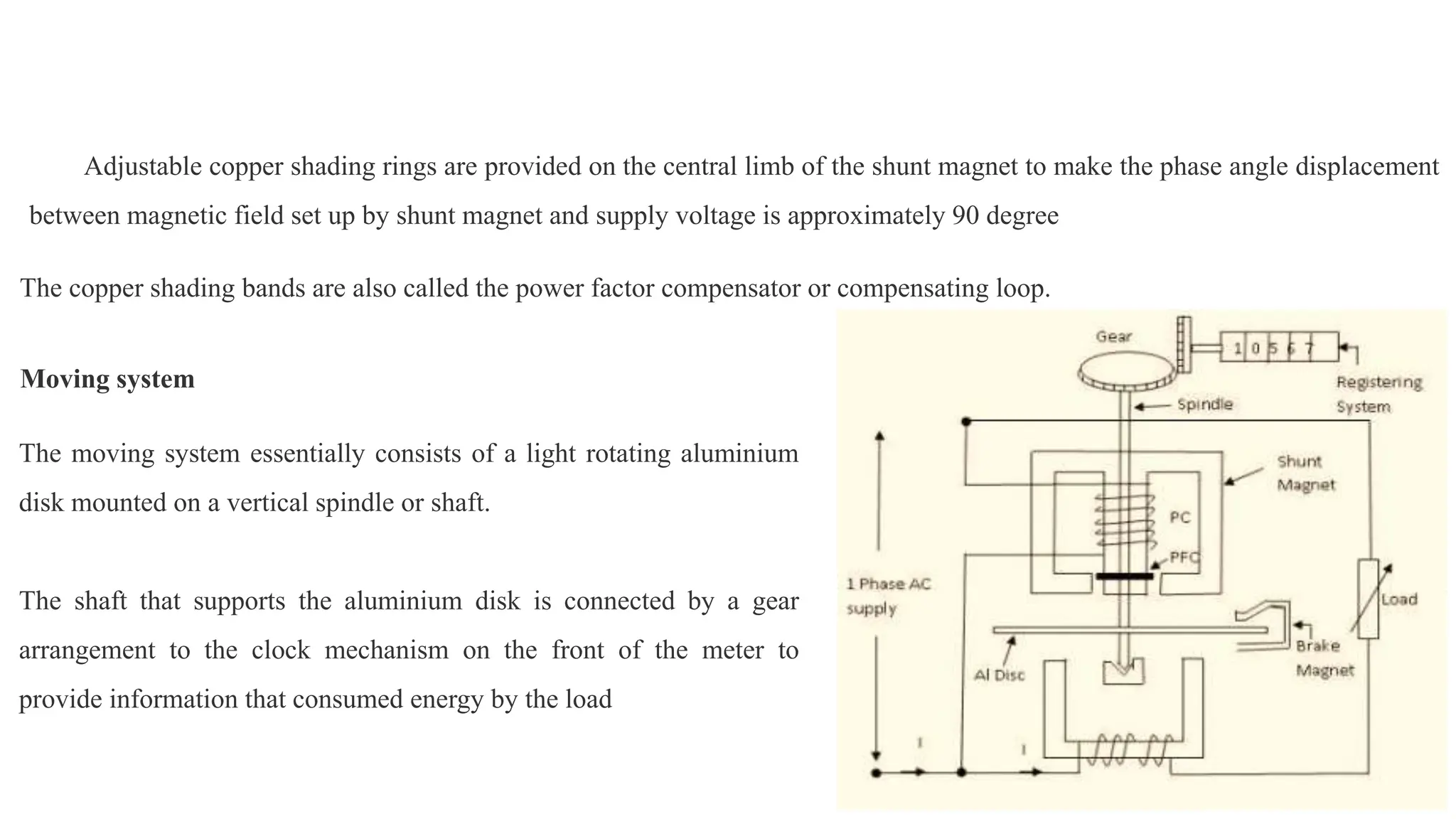 Adjustable copper shading rings are provided on the central limb of the shunt magnet to make the phase angle displacement
between magnetic field set up by shunt magnet and supply voltage is approximately 90 degree
The copper shading bands are also called the power factor compensator or compensating loop.
Moving system
The moving system essentially consists of a light rotating aluminium
disk mounted on a vertical spindle or shaft.
The shaft that supports the aluminium disk is connected by a gear
arrangement to the clock mechanism on the front of the meter to
provide information that consumed energy by the load
 