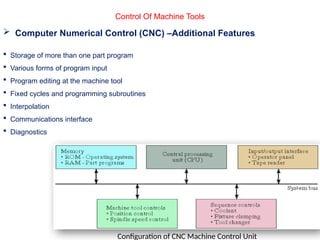 Control Of Machine Tools
 Computer Numerical Control (CNC) –Additional Features
 Storage of more than one part program
 Various forms of program input
 Program editing at the machine tool
 Fixed cycles and programming subroutines
 Interpolation
 Communications interface
 Diagnostics
Configuration of CNC Machine Control Unit
 