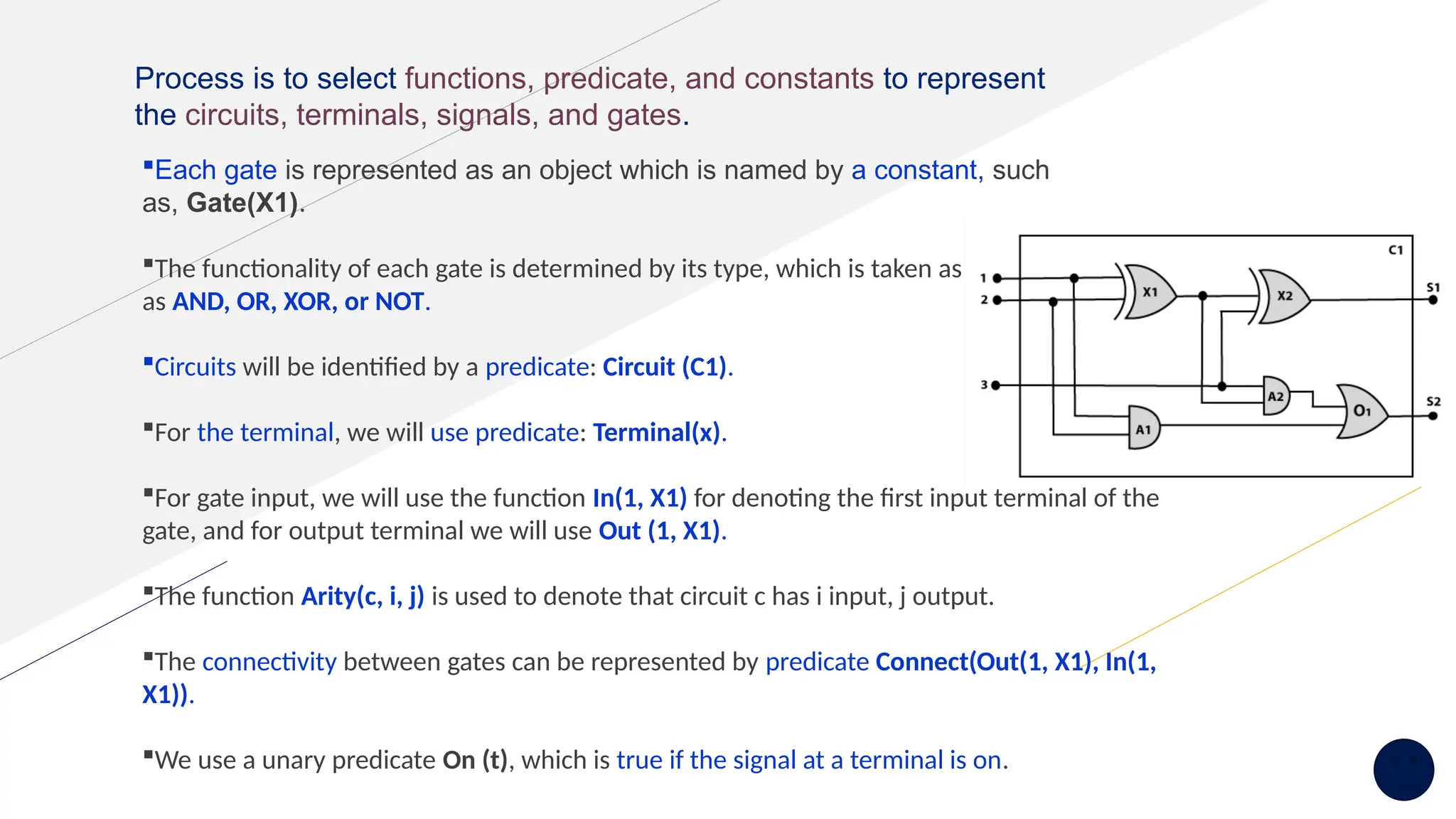 Process is to select functions, predicate, and constants to represent
the circuits, terminals, signals, and gates.
Each gate is represented as an object which is named by a constant, such
as, Gate(X1).
The functionality of each gate is determined by its type, which is taken as constants such
as AND, OR, XOR, or NOT.
Circuits will be identified by a predicate: Circuit (C1).
For the terminal, we will use predicate: Terminal(x).
For gate input, we will use the function In(1, X1) for denoting the first input terminal of the
gate, and for output terminal we will use Out (1, X1).
The function Arity(c, i, j) is used to denote that circuit c has i input, j output.
The connectivity between gates can be represented by predicate Connect(Out(1, X1), In(1,
X1)).
We use a unary predicate On (t), which is true if the signal at a terminal is on.
 