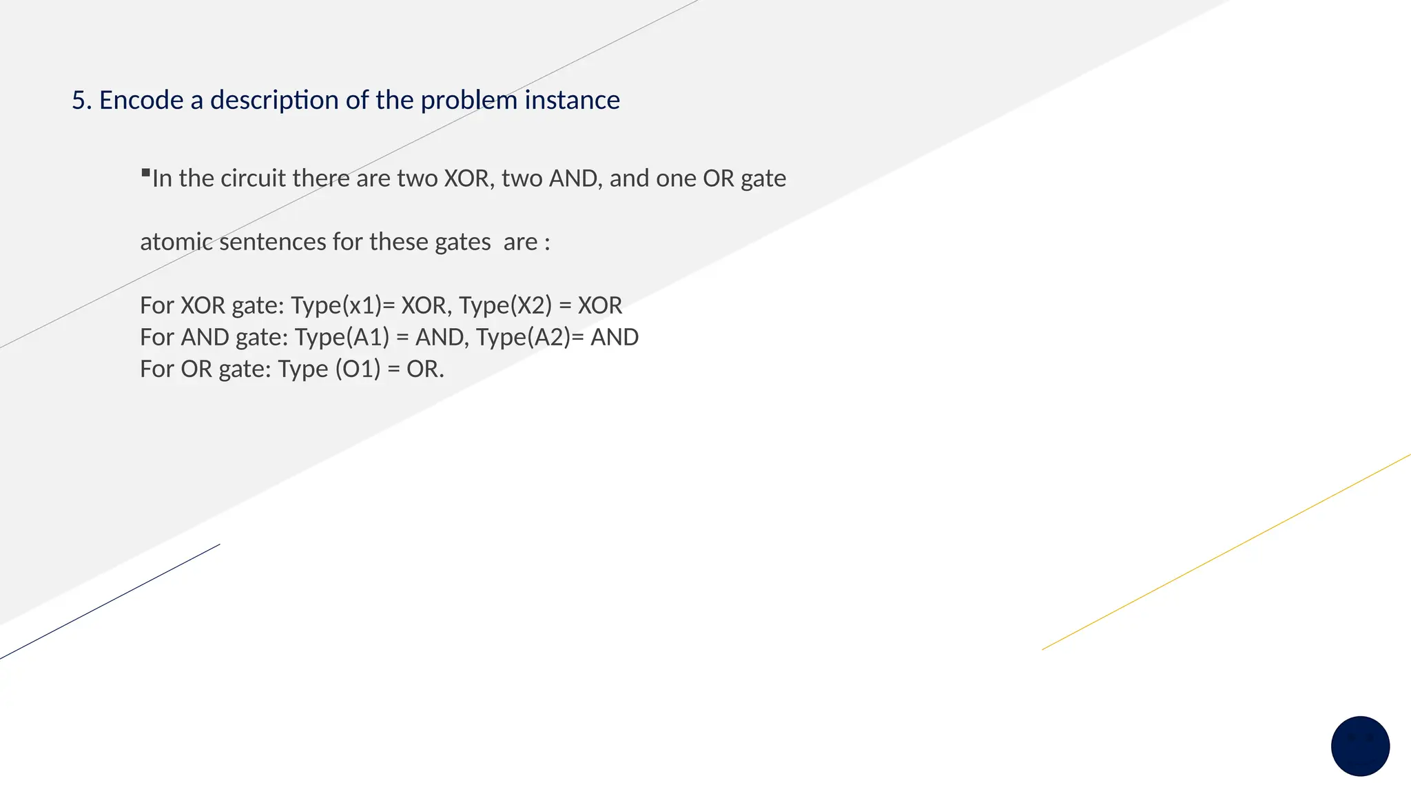 5. Encode a description of the problem instance
In the circuit there are two XOR, two AND, and one OR gate
atomic sentences for these gates are :
For XOR gate: Type(x1)= XOR, Type(X2) = XOR
For AND gate: Type(A1) = AND, Type(A2)= AND
For OR gate: Type (O1) = OR.
 
