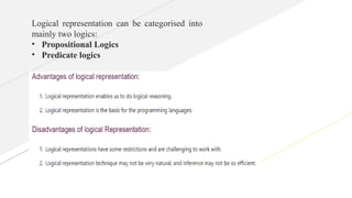 Logical representation can be categorised into
mainly two logics:
• Propositional Logics
• Predicate logics
 