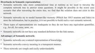 Drawbacks in Semantic representation:
• Semantic networks take more computational time at runtime as we need to traverse the
complete network tree to answer some questions. It might be possible in the worst case
scenario that after traversing the entire tree, we find that the solution does not exist in this
network.
• Semantic networks try to model human-like memory (Which has 1015 neurons and links) to
store the information, but in practice, it is not possible to build such a vast semantic network.
• These types of representations are inadequate as they do not have any equivalent quantifier,
e.g., for all, for some, none, etc.
• Semantic networks do not have any standard definition for the link names.
Advantages of Semantic network:
• Semantic networks are a natural representation of knowledge.
• Semantic networks convey meaning in a transparent manner.
• These networks are simple and easily understandable.
 
