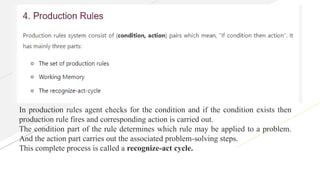 In production rules agent checks for the condition and if the condition exists then
production rule fires and corresponding action is carried out.
The condition part of the rule determines which rule may be applied to a problem.
And the action part carries out the associated problem-solving steps.
This complete process is called a recognize-act cycle.
 