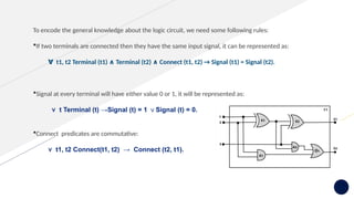 To encode the general knowledge about the logic circuit, we need some following rules:
If two terminals are connected then they have the same input signal, it can be represented as:
∀ t1, t2 Terminal (t1) Terminal (t2) Connect (t1, t2) → Signal (t1) = Signal (t2).
∧ ∧
Signal at every terminal will have either value 0 or 1, it will be represented as:
∀ t Terminal (t) →Signal (t) = 1 Signal (t) = 0.
∨
Connect predicates are commutative:
∀ t1, t2 Connect(t1, t2) → Connect (t2, t1).
 