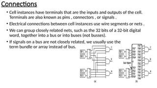 Connections
• Cell instances have terminals that are the inputs and outputs of the cell.
Terminals are also known as pins , connectors , or signals .
• Electrical connections between cell instances use wire segments or nets .
• We can group closely related nets, such as the 32 bits of a 32-bit digital
word, together into a bus or into buses (not busses).
• If signals on a bus are not closely related, we usually use the
term bundle or array instead of bus.
 