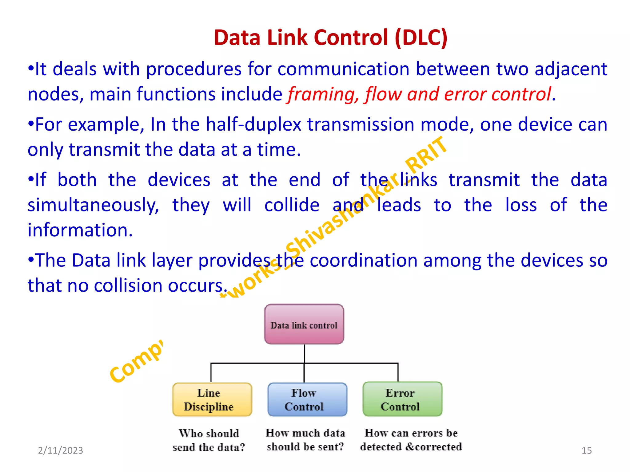 Data Link Control (DLC)
•It deals with procedures for communication between two adjacent
nodes, main functions include framing, flow and error control.
•For example, In the half-duplex transmission mode, one device can
only transmit the data at a time.
•If both the devices at the end of the links transmit the data
simultaneously, they will collide and leads to the loss of the
information.
•The Data link layer provides the coordination among the devices so
that no collision occurs.
2/11/2023 15
Dr. Shivashankar, E&CE, RRIT
 