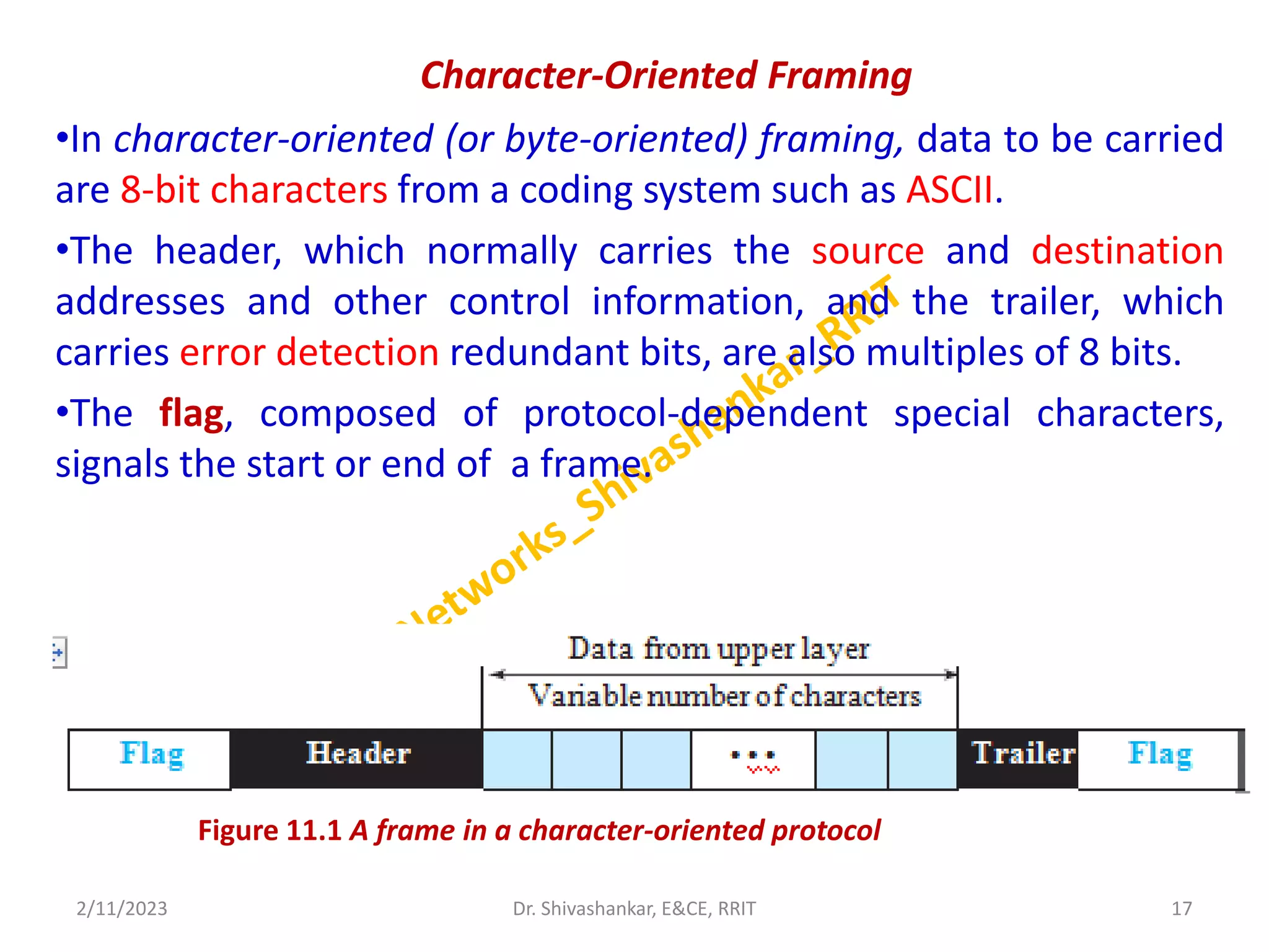 Character-Oriented Framing
•In character-oriented (or byte-oriented) framing, data to be carried
are 8-bit characters from a coding system such as ASCII.
•The header, which normally carries the source and destination
addresses and other control information, and the trailer, which
carries error detection redundant bits, are also multiples of 8 bits.
•The flag, composed of protocol-dependent special characters,
signals the start or end of a frame.
2/11/2023 17
Dr. Shivashankar, E&CE, RRIT
Figure 11.1 A frame in a character-oriented protocol
 