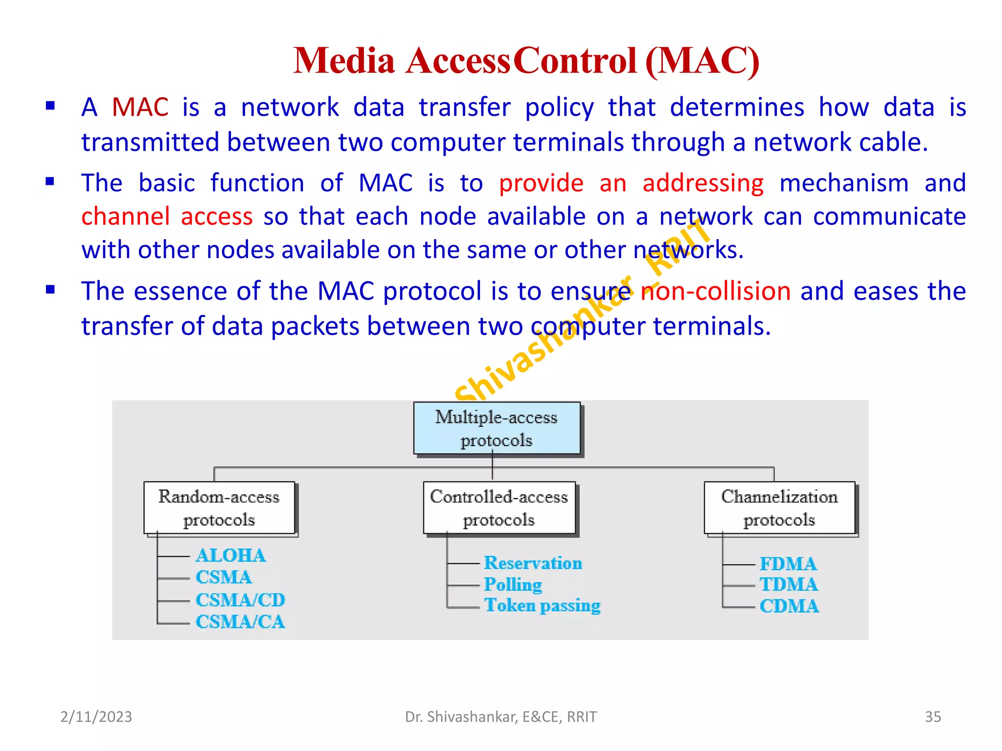 Media AccessControl (MAC)
 A MAC is a network data transfer policy that determines how data is
transmitted between two computer terminals through a network cable.
 The basic function of MAC is to provide an addressing mechanism and
channel access so that each node available on a network can communicate
with other nodes available on the same or other networks.
 The essence of the MAC protocol is to ensure non-collision and eases the
transfer of data packets between two computer terminals.
2/11/2023 35
Dr. Shivashankar, E&CE, RRIT
 