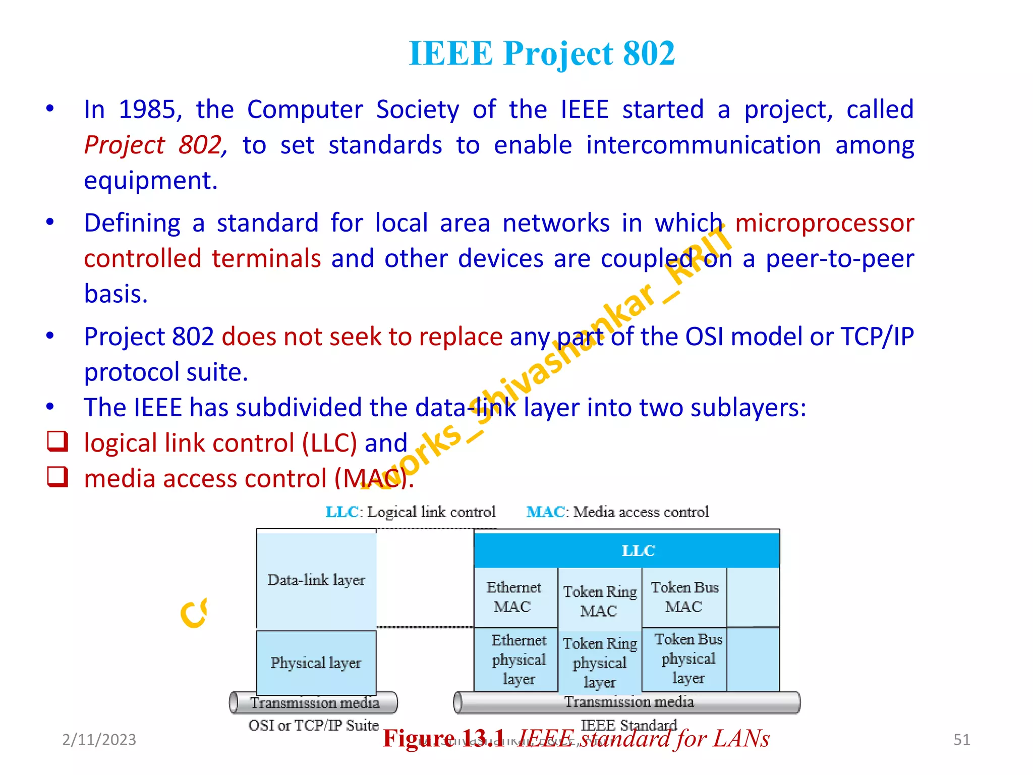 IEEE Project 802
• In 1985, the Computer Society of the IEEE started a project, called
Project 802, to set standards to enable intercommunication among
equipment.
• Defining a standard for local area networks in which microprocessor
controlled terminals and other devices are coupled on a peer-to-peer
basis.
• Project 802 does not seek to replace any part of the OSI model or TCP/IP
protocol suite.
• The IEEE has subdivided the data-link layer into two sublayers:
 logical link control (LLC) and
 media access control (MAC).
2/11/2023 51
Dr. Shivashankar, E&CE, RRIT
Figure 13.1 IEEE standard for LANs
 