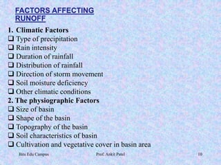 FACTORS AFFECTING
RUNOFF
1. Climatic Factors
 Type of precipitation
 Rain intensity
 Duration of rainfall
 Distribution of rainfall
 Direction of storm movement
 Soil moisture deficiency
 Other climatic conditions
2. The physiographic Factors
 Size of basin
 Shape of the basin
 Topography of the basin
 Soil characteristics of basin
 Cultivation and vegetative cover in basin area
Bits Edu Campus Prof. Ankit Patel 10
 