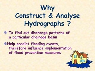 Why
Construct & Analyse
Hydrographs ?
To find out discharge patterns of
a particular drainage basin
Help predict flooding events,
therefore influence implementation
of flood prevention measures
 