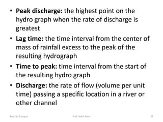 • Peak discharge: the highest point on the
hydro graph when the rate of discharge is
greatest
• Lag time: the time interval from the center of
mass of rainfall excess to the peak of the
resulting hydrograph
• Time to peak: time interval from the start of
the resulting hydro graph
• Discharge: the rate of flow (volume per unit
time) passing a specific location in a river or
other channel
Bits Edu Campus Prof. Ankit Patel 32
 