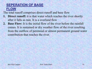 SEPERATION OF BASE
FLOW
The total runoff comprises direct runoff and base flow
1. Direct runoff: it is that water which reaches the river shortly
after it falls as rain. It is a overland flow
2. Base Flow: It is the initial flow of the river before the rainfall
comes. It is sustained or dry weather flow of the river resulting
from the outflow of perennial or almost permanent ground water
contribution that reaches the river.
Bits Edu Campus Prof. Ankit Patel 33
 