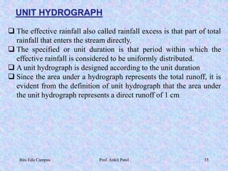UNIT HYDROGRAPH
 The effective rainfall also called rainfall excess is that part of total
rainfall that enters the stream directly.
 The specified or unit duration is that period within which the
effective rainfall is considered to be uniformly distributed.
 A unit hydrograph is designed according to the unit duration
 Since the area under a hydrograph represents the total runoff, it is
evident from the definition of unit hydrograph that the area under
the unit hydrograph represents a direct runoff of 1 cm
Bits Edu Campus Prof. Ankit Patel 35
 