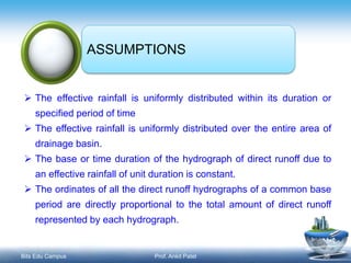 Text in
here
Text in
here
ASSUMPTIONS
 The effective rainfall is uniformly distributed within its duration or
specified period of time
 The effective rainfall is uniformly distributed over the entire area of
drainage basin.
 The base or time duration of the hydrograph of direct runoff due to
an effective rainfall of unit duration is constant.
 The ordinates of all the direct runoff hydrographs of a common base
period are directly proportional to the total amount of direct runoff
represented by each hydrograph.
Bits Edu Campus Prof. Ankit Patel 36
 
