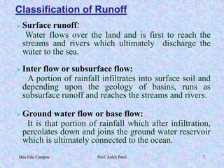 Classification of Runoff
 Surface runoff:
Water flows over the land and is first to reach the
streams and rivers which ultimately discharge the
water to the sea.
 Inter flow or subsurface flow:
A portion of rainfall infiltrates into surface soil and
depending upon the geology of basins, runs as
subsurface runoff and reaches the streams and rivers.
 Ground water flow or base flow:
It is that portion of rainfall which after infiltration,
percolates down and joins the ground water reservoir
which is ultimately connected to the ocean.
Bits Edu Campus Prof. Ankit Patel 7
 